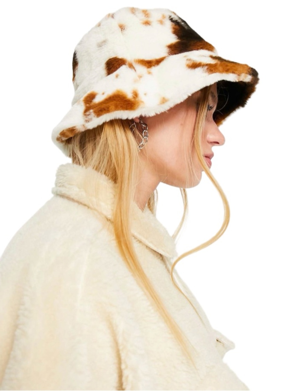 🟤⚪️ ASOS Reclaimed Vintage Faux Fur Cow-Print Bucket Hat ⚪️🟤